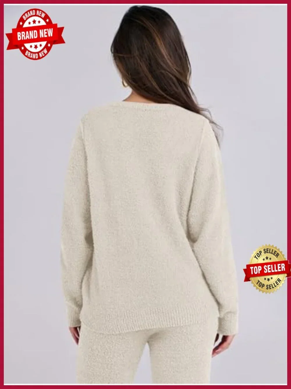 Fuzzy Fleece Lounge Set, 2 Piece Knit Sweater Top & Wide Leg Pajama Pants,